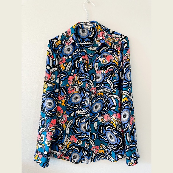 EXPRESS Satin Printed Boyfriend Portofino Blouse - Size S - Picture 1 of 4
